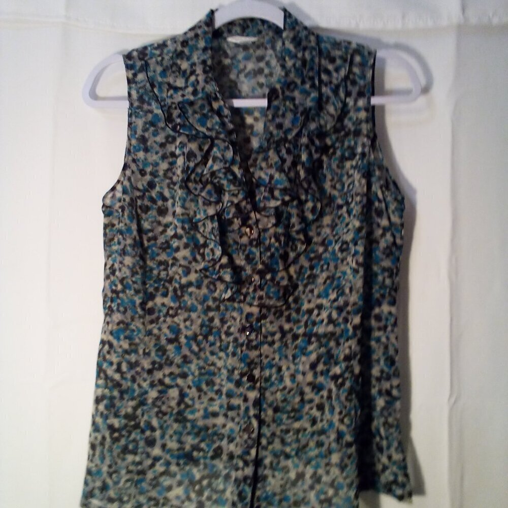 Tahari Blouse Women PS Petite S Sleeveless Sheer Ruffle Button Up Print - Picture 2 of 13